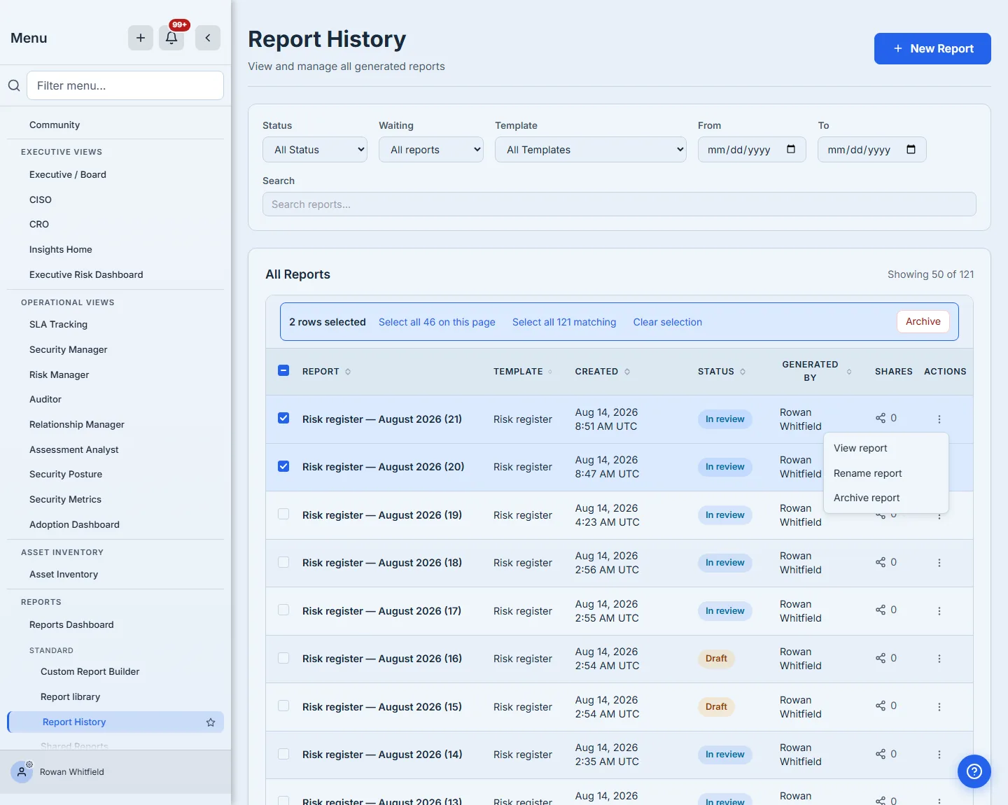 Report History — Status, Waiting, Template and date filters above "Showing 50 of 121" generated reports, newest first, each named for its template and the month it covers; two rows selected, with a bulk bar offering Archive beside both "Select all 46 on this page" and "Select all 121 matching", and one row's action menu open on View report, Rename report and Archive report.