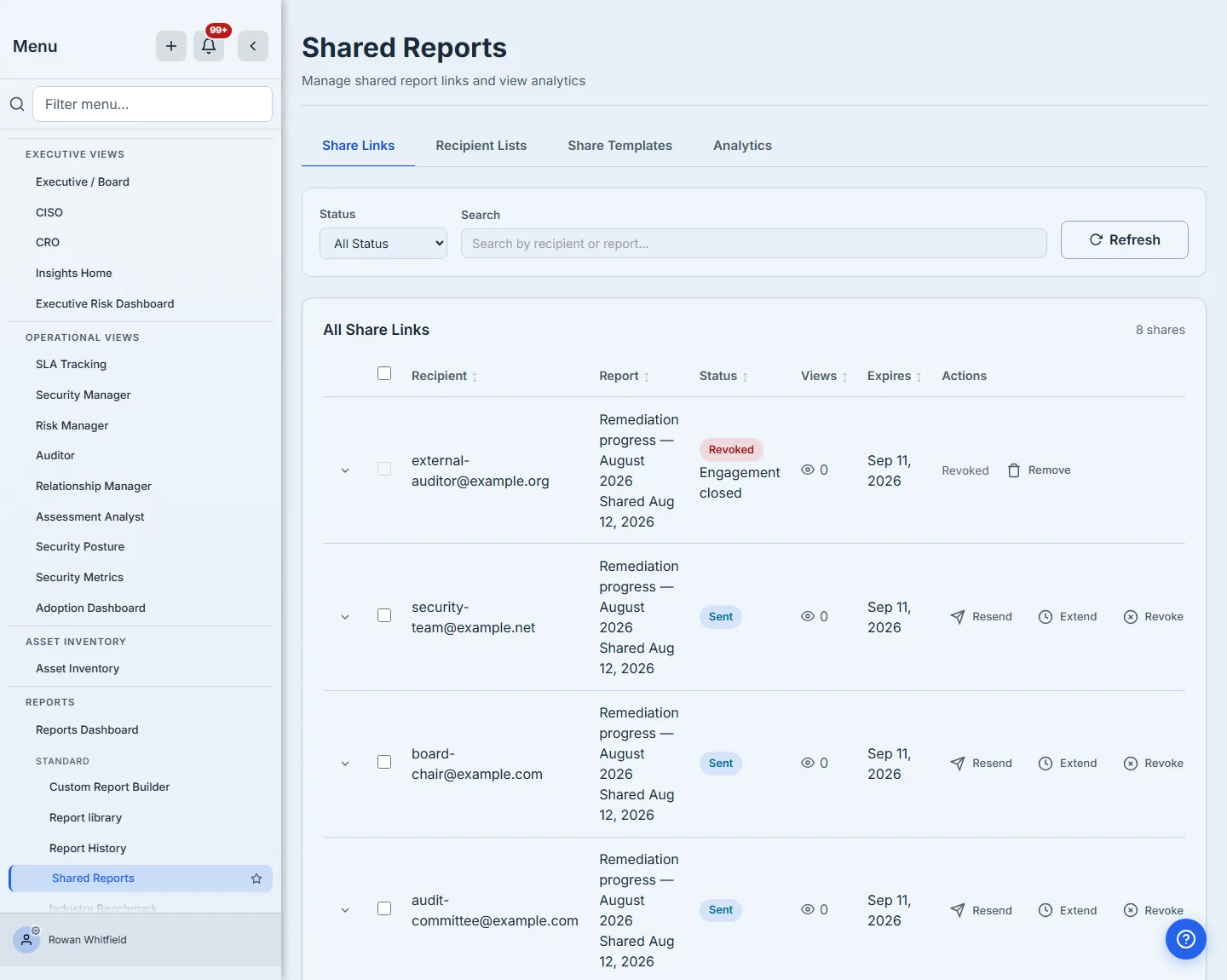 Shared Reports — the eight links this organisation has issued, four of them in view, each naming its recipient, its status, its open count and its expiry date. Every live row carries Resend, Extend and Revoke as labelled actions; the revoked row at the top carries Remove instead, and shows the reason it was withdrawn under its status.