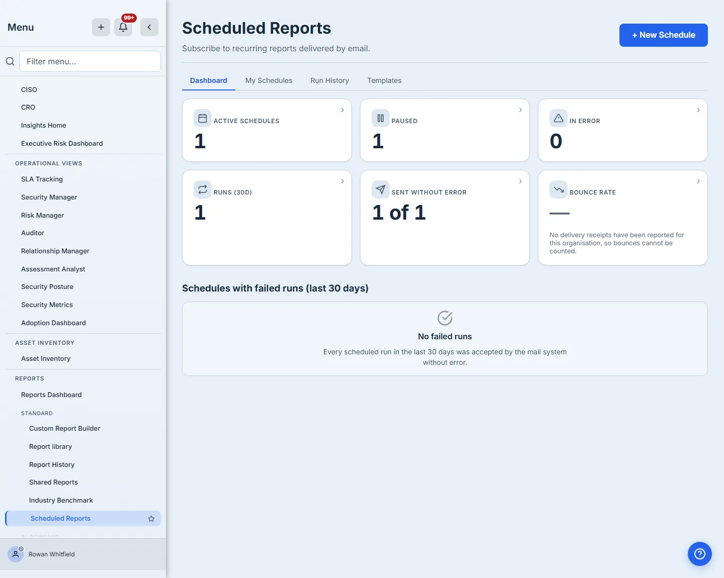 Scheduled Reports — one active and one paused schedule, none in error, one run in the last 30 days, every send accepted without error, and a bounce rate the platform says it cannot measure.