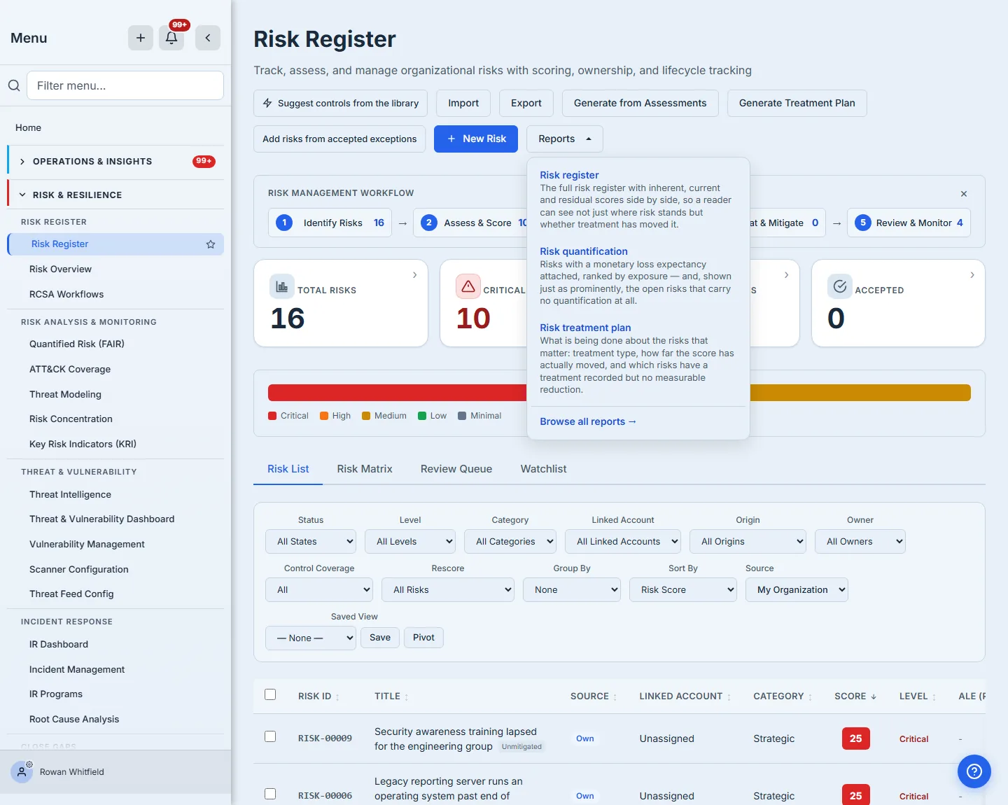 The Risk Register with its Reports menu open — three templates scoped to this register, each with the question it answers, and "Browse all reports" beneath them.