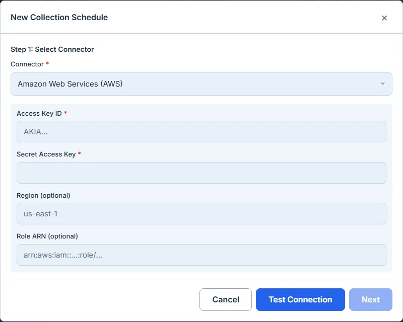 The New Collection Schedule dialog on Step 1 with Amazon Web Services selected, showing the four credential fields AWS itself declares — Access Key ID and Secret Access Key marked required, Region and an optional Role ARN — above Cancel, Test Connection, and a Next button that is greyed out until the connection test succeeds.