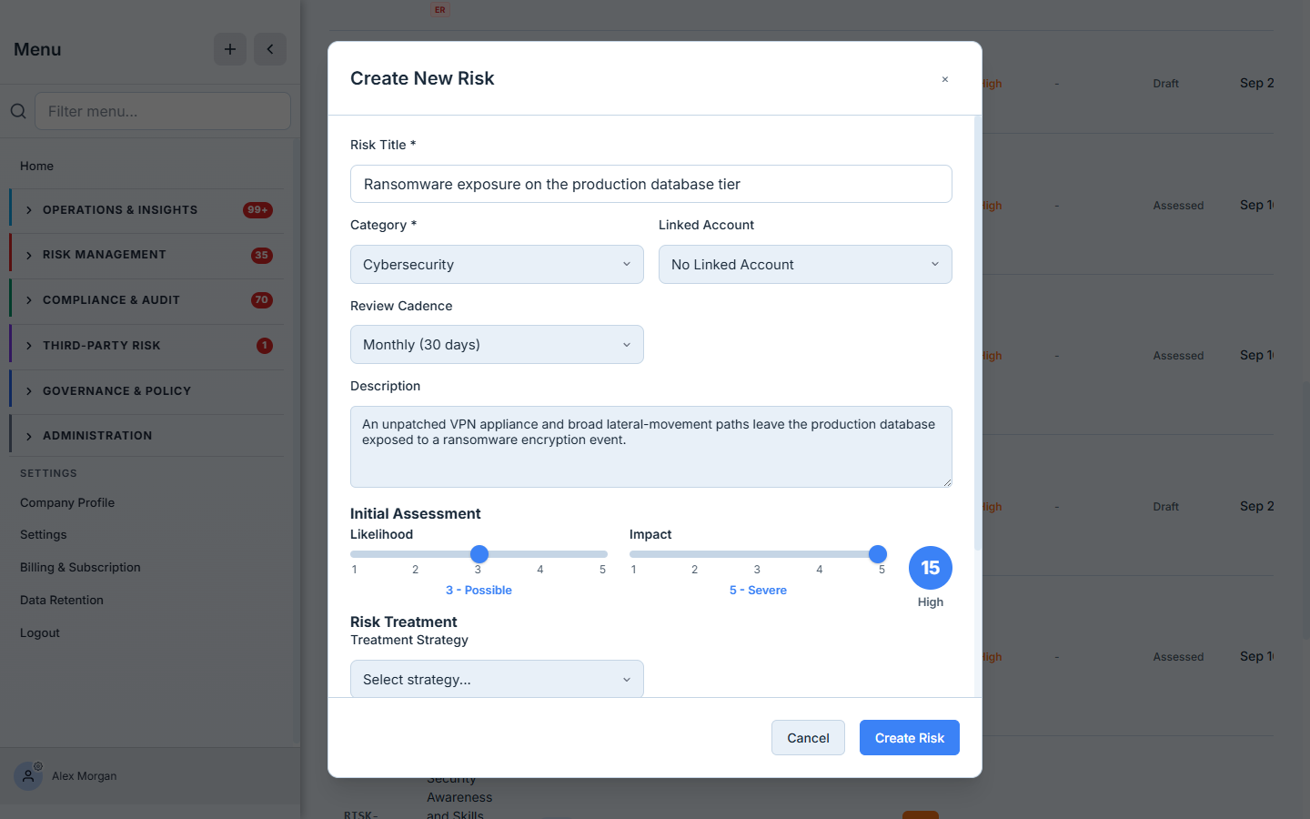 The New Risk modal — likelihood and impact sliders driving a live preview score circle and level, with a treatment-strategy selector.