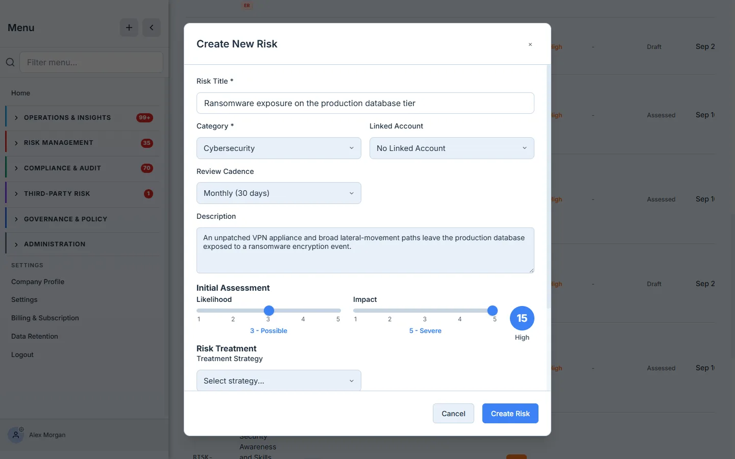 The New Risk modal — likelihood and impact sliders driving a live preview score circle and level, with a treatment-strategy selector.