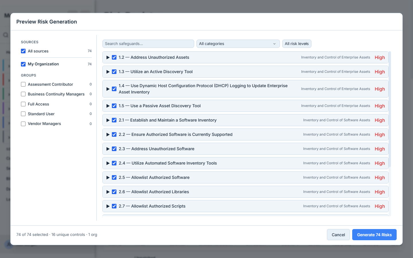 Generate from Assessments — completed runs selected, per-type thresholds set, and the candidate risks previewed before you create them.