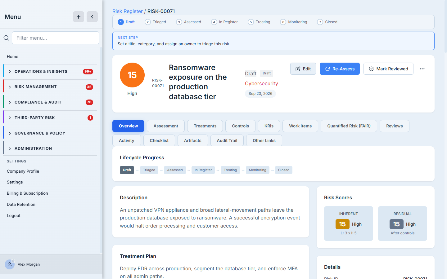 The risk detail header — score circle, status / lifecycle / category / review badges, and the action bar.