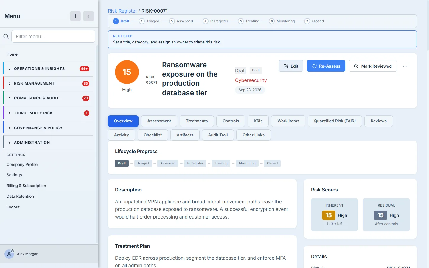 The risk detail header — score circle, status / lifecycle / category / review badges, and the action bar.