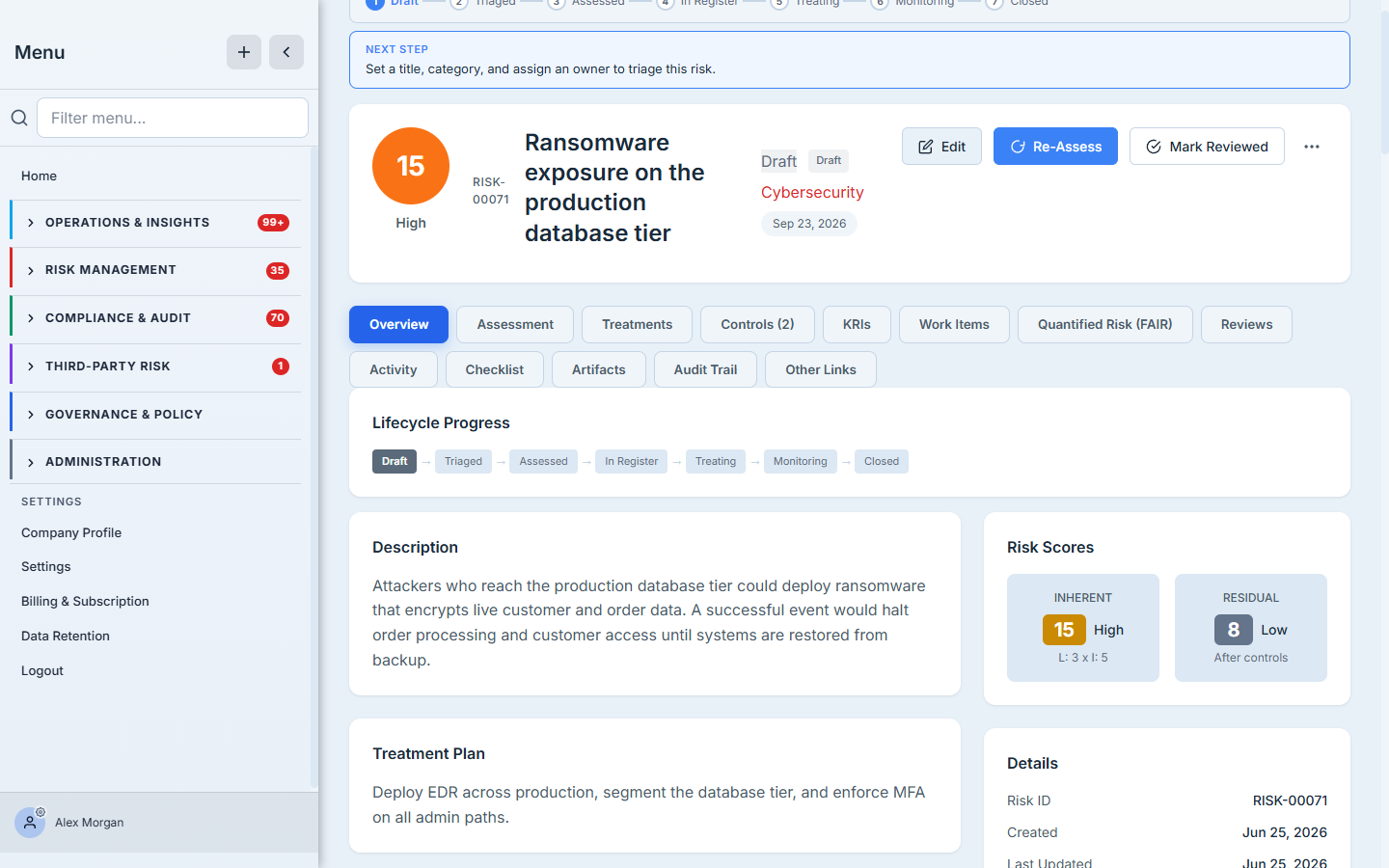 The Overview tab — inherent and residual score cards, the lifecycle progress bar, and clickable chips for linked controls, vendors, KRIs, and more.