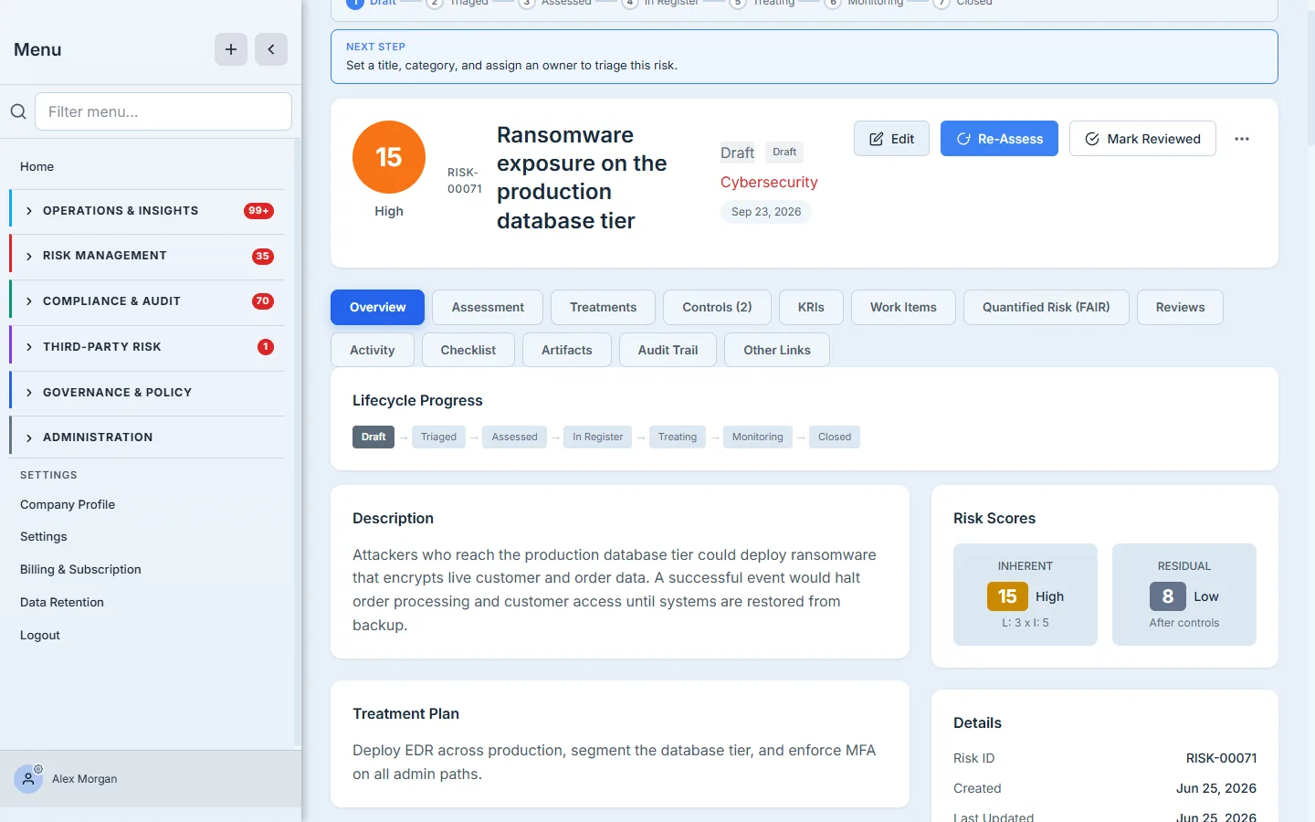 The Overview tab — inherent and residual score cards, the lifecycle progress bar, and clickable chips for linked controls, vendors, KRIs, and more.