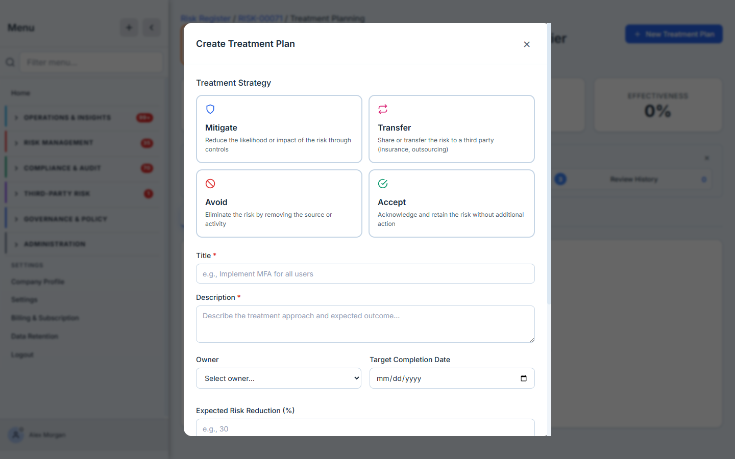 The treatment view — the four strategy cards (Mitigate / Transfer / Avoid / Accept) with their suggested actions.