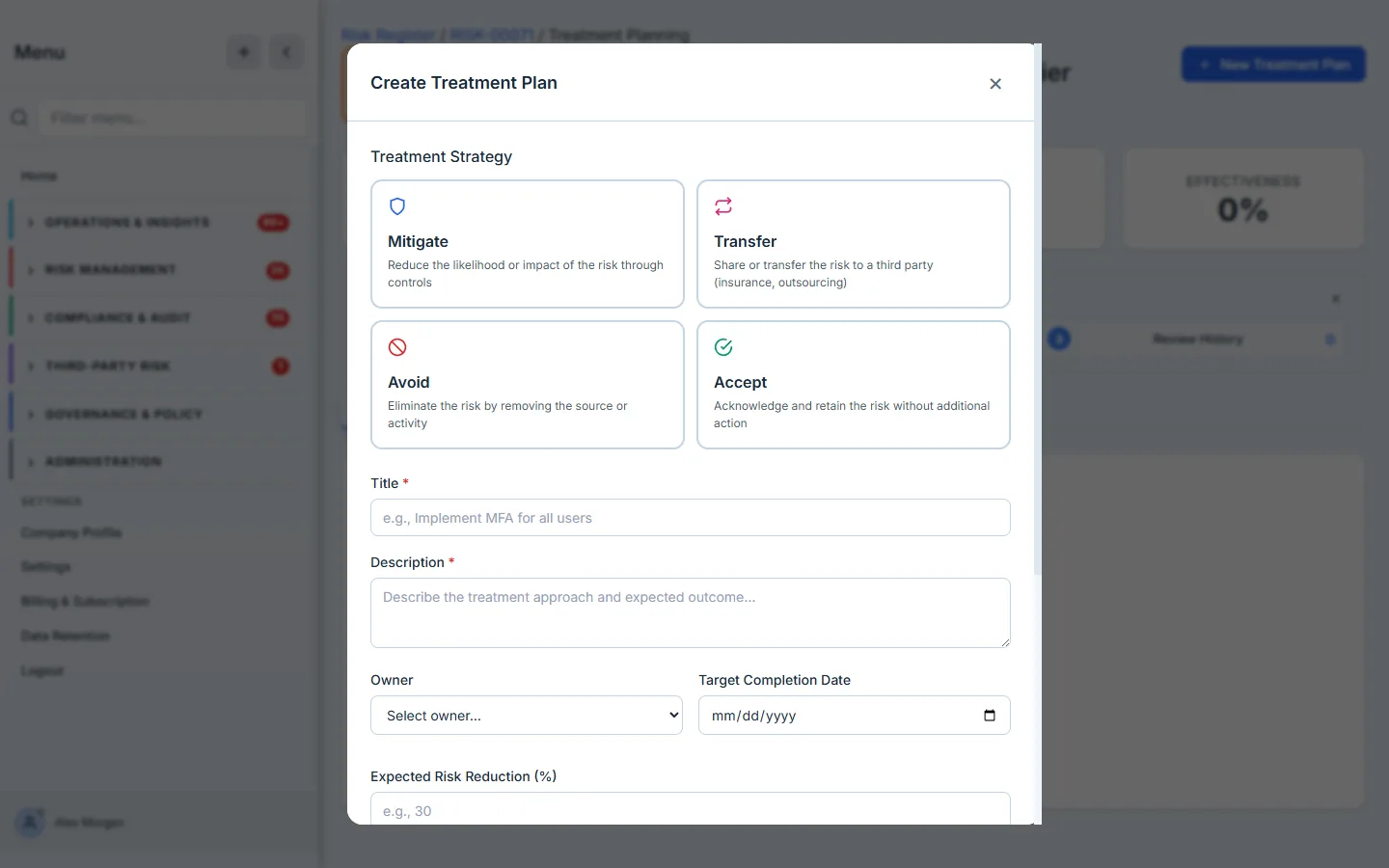 The treatment view — the four strategy cards (Mitigate / Transfer / Avoid / Accept) with their suggested actions.