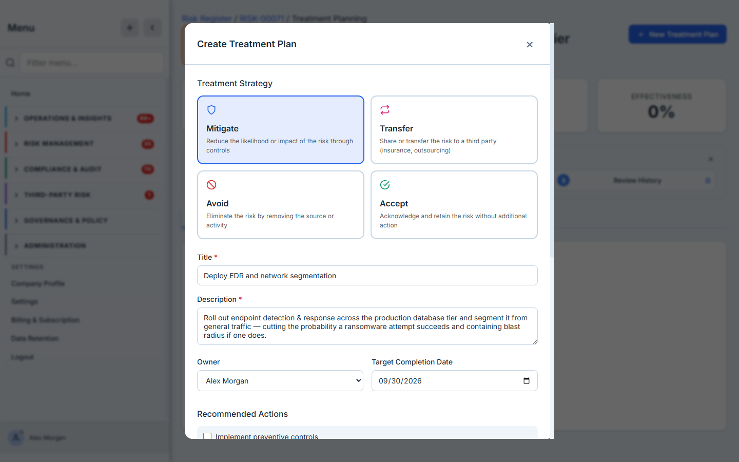 Creating a treatment plan — strategy, title, owner, target date, expected reduction, linked controls, and cost.