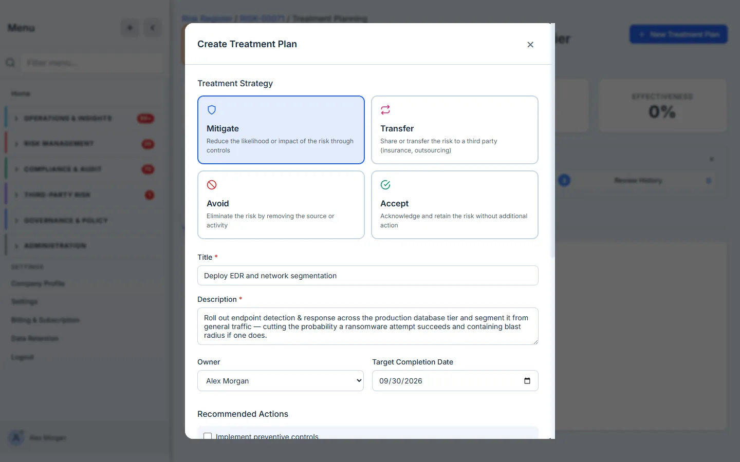 Creating a treatment plan — strategy, title, owner, target date, expected reduction, linked controls, and cost.