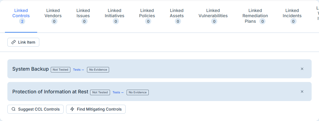 The Controls tab — CCL controls linked to the risk, with the Link Item picker.