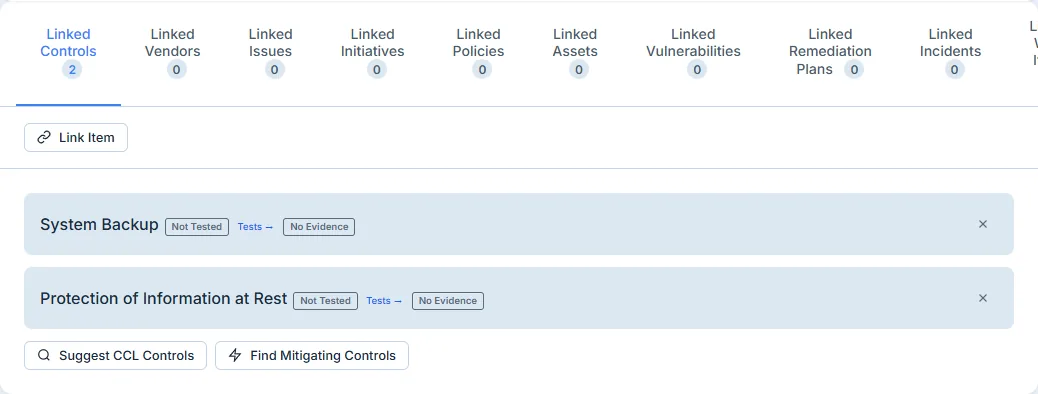 The Controls tab — CCL controls linked to the risk, with the Link Item picker.