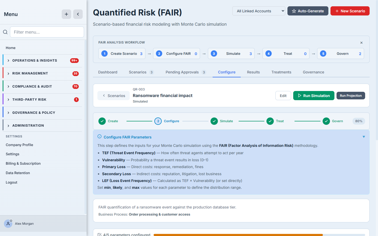 The FAIR Configure tab — Threat Event Frequency, Vulnerability, primary and secondary loss magnitude, and the readiness checklist.