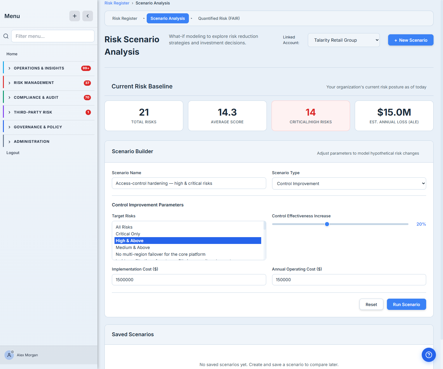 Risk Scenario Analysis — the current risk baseline (21 total risks, 14.3 average score, 14 critical/high, $15.0M estimated annual loss) above a Scenario Builder configured for a Control Improvement: targeting High & Above risks, with a control-effectiveness slider, a $1.5M implementation cost, and a $150K annual operating cost.