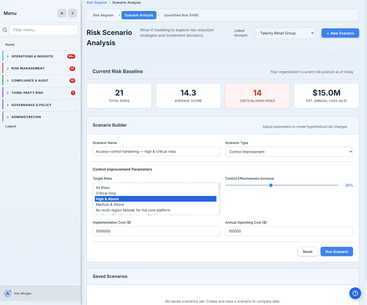 Risk Scenario Analysis — the current risk baseline (21 total risks, 14.3 average score, 14 critical/high, $15.0M estimated annual loss) above a Scenario Builder configured for a Control Improvement: targeting High & Above risks, with a control-effectiveness slider, a $1.5M implementation cost, and a $150K annual operating cost.