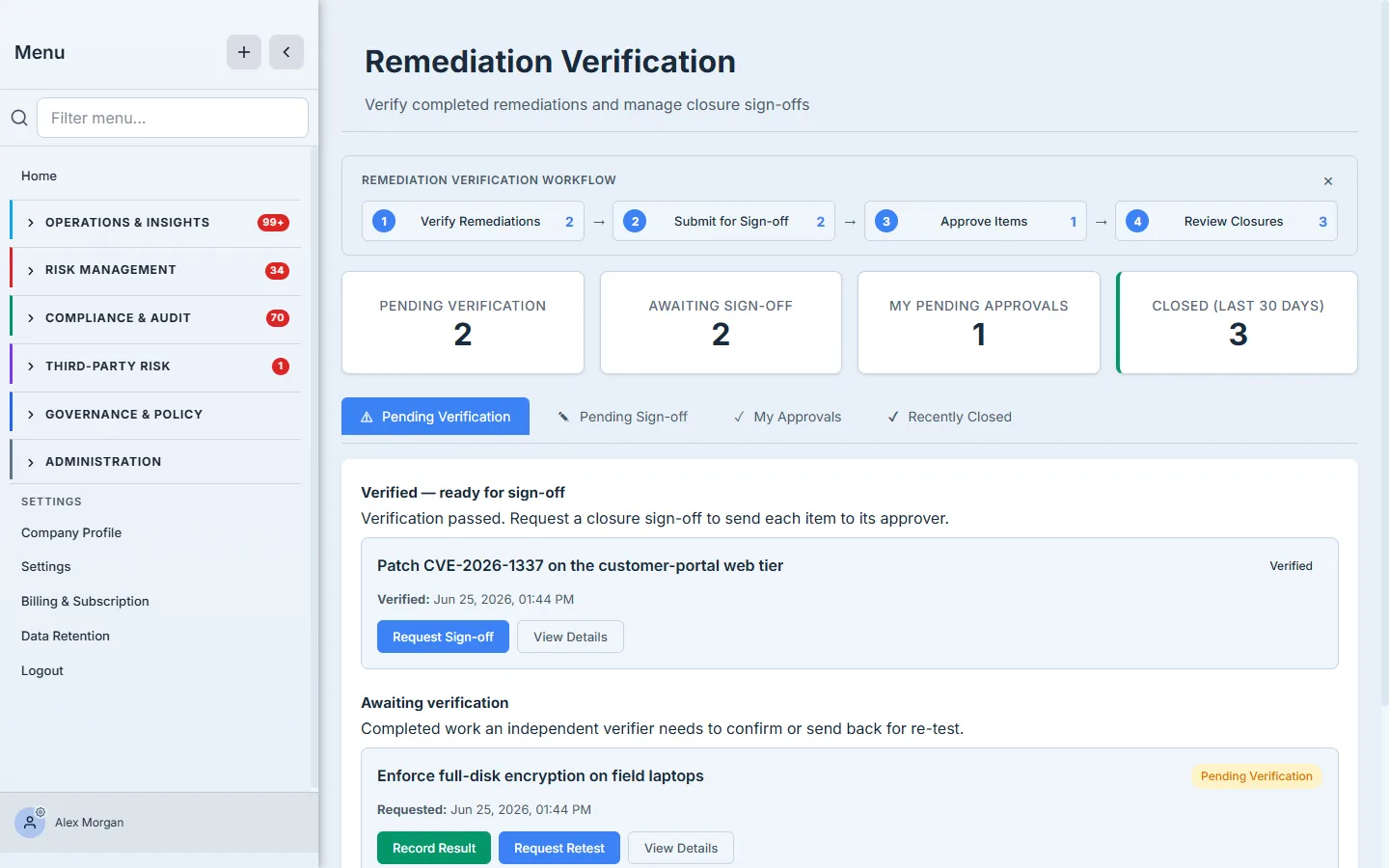 The Remediation Verification dashboard — four stat cards (Pending Verification, Awaiting Sign-off, My Pending Approvals, Closed in the last 30 days), a four-step workflow guide, and the Pending Verification tab split into a "Verified — ready for sign-off" section and an "Awaiting verification" section.