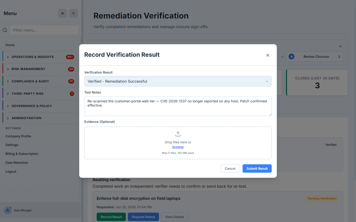 The Record Verification Result modal with "Verified - Remediation Successful" selected, a Test Notes field describing how the fix was confirmed, and an evidence uploader.