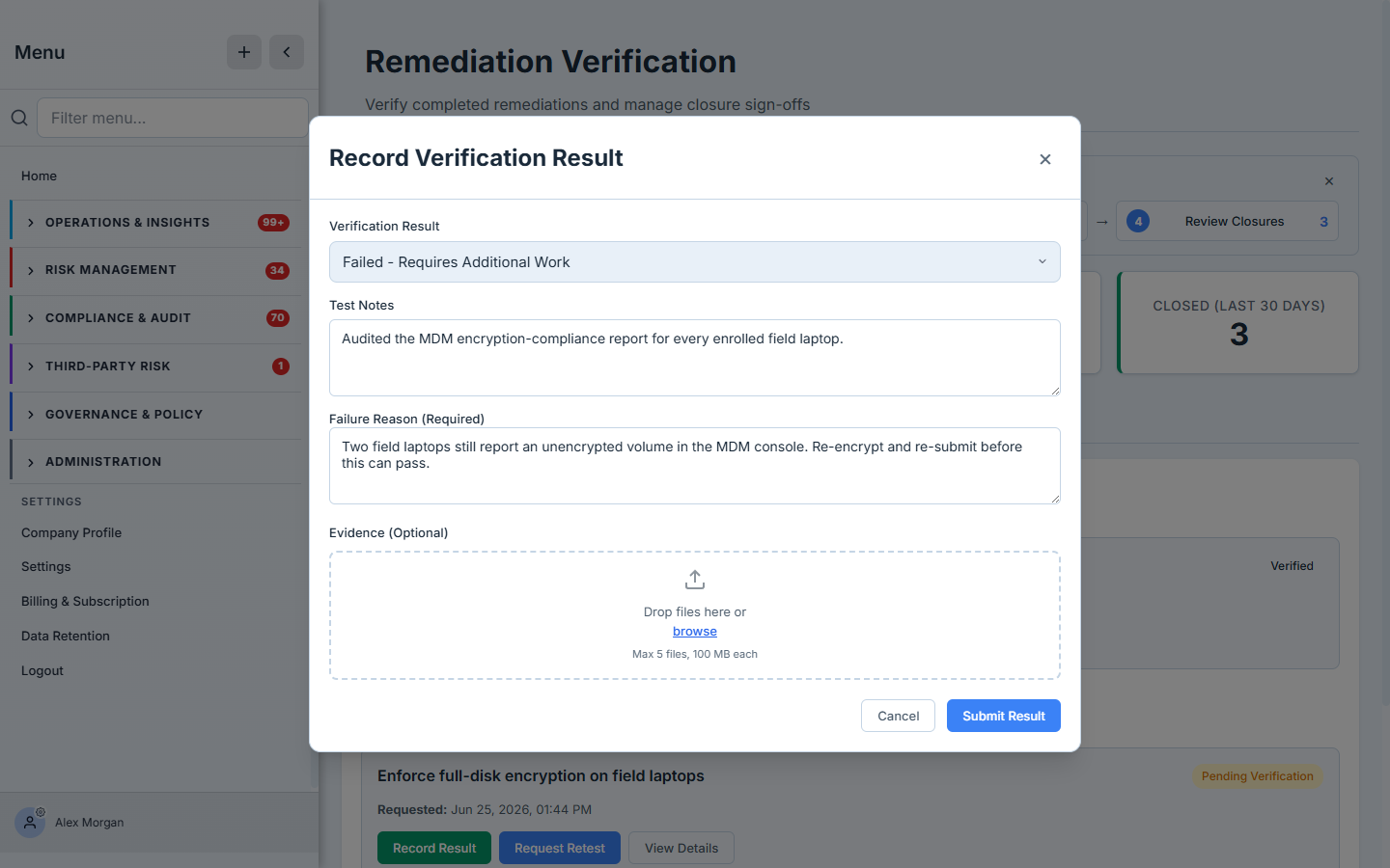 The same modal with "Failed - Requires Additional Work" selected, revealing a required Failure Reason field explaining what still needs to be done.