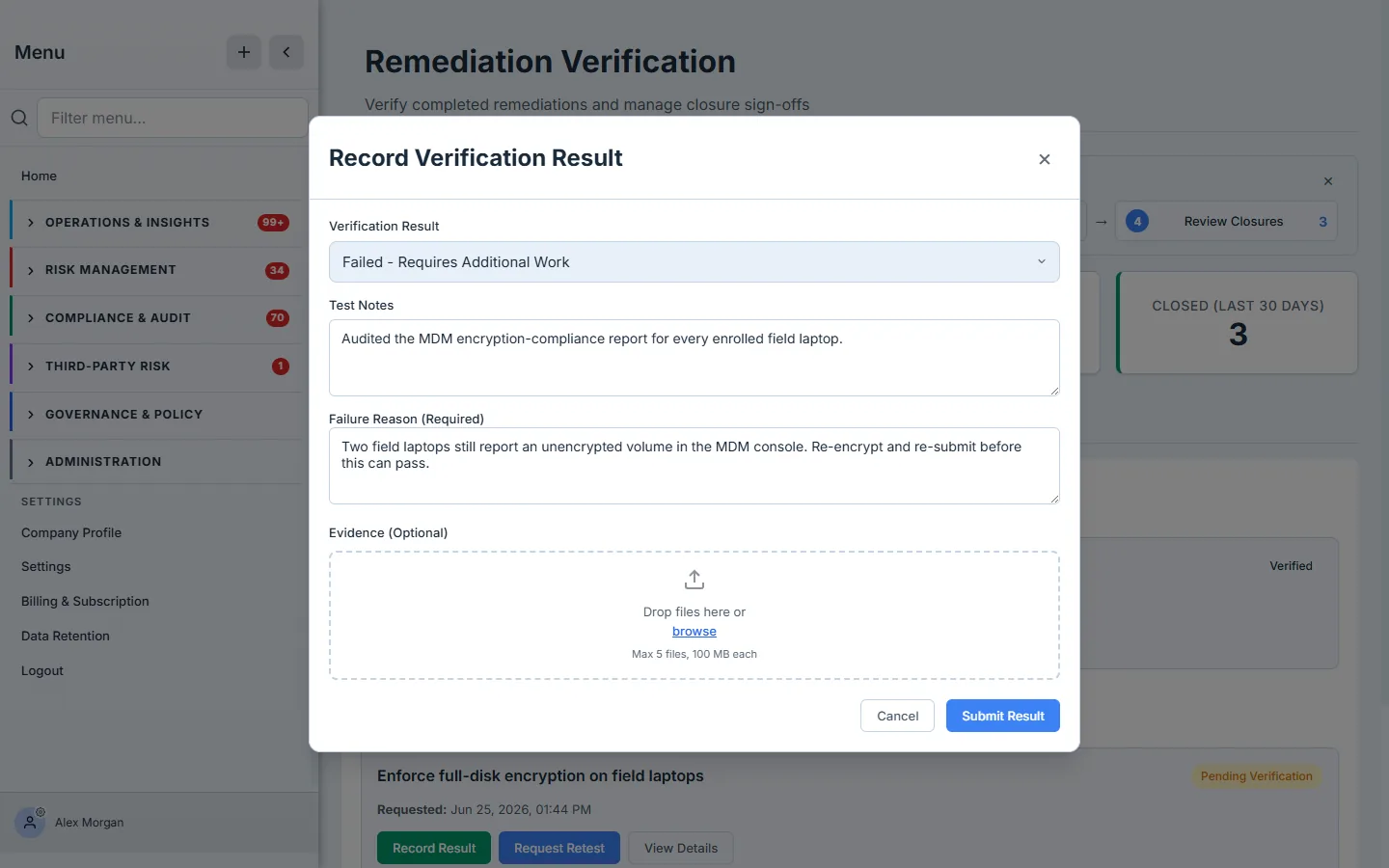 The same modal with "Failed - Requires Additional Work" selected, revealing a required Failure Reason field explaining what still needs to be done.