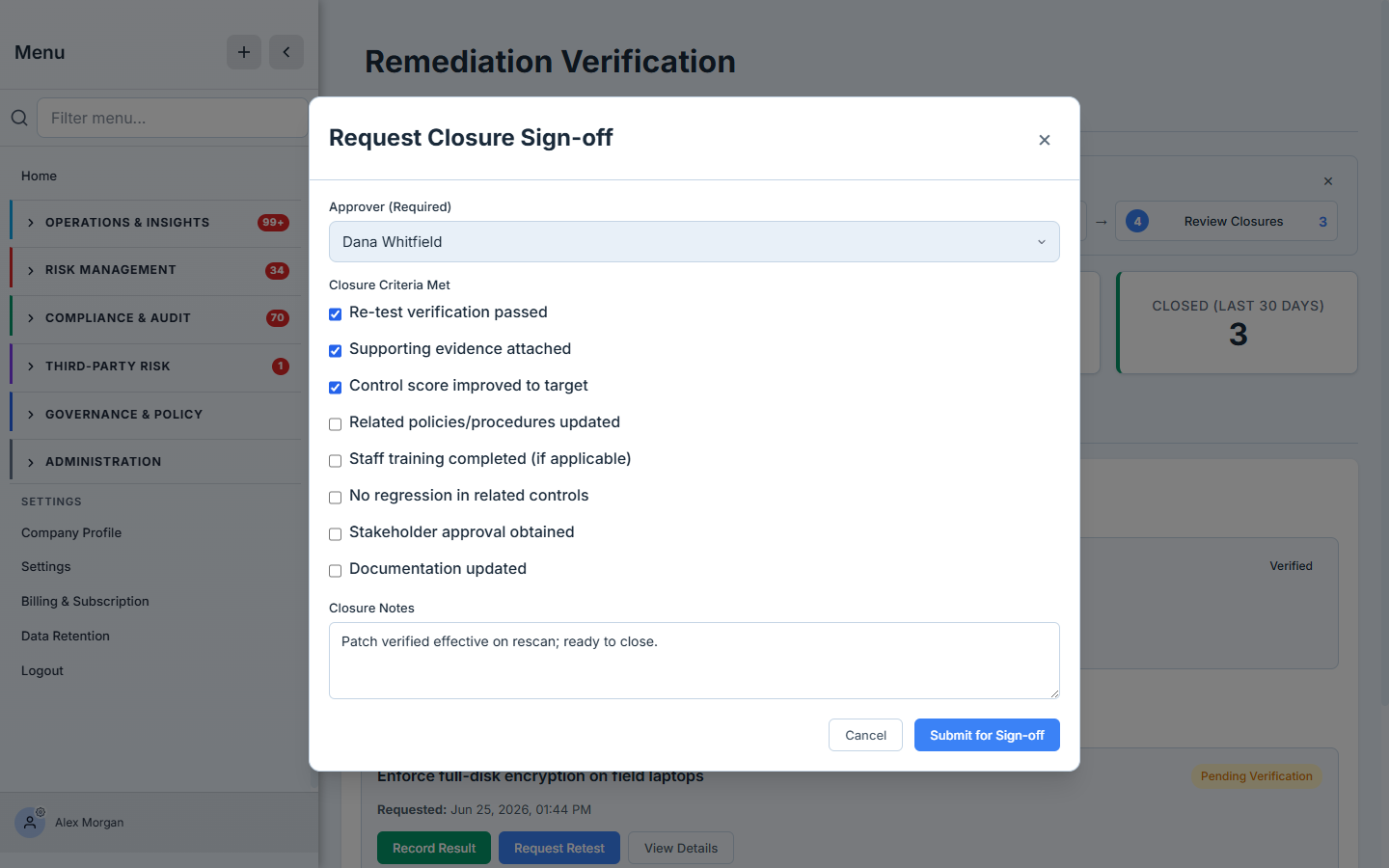 The Request Closure Sign-off modal — an Approver dropdown showing a named colleague, a checklist of closure criteria (re-test passed, evidence attached, score improved, no regression, and more) with several ticked, and a closure-notes field.