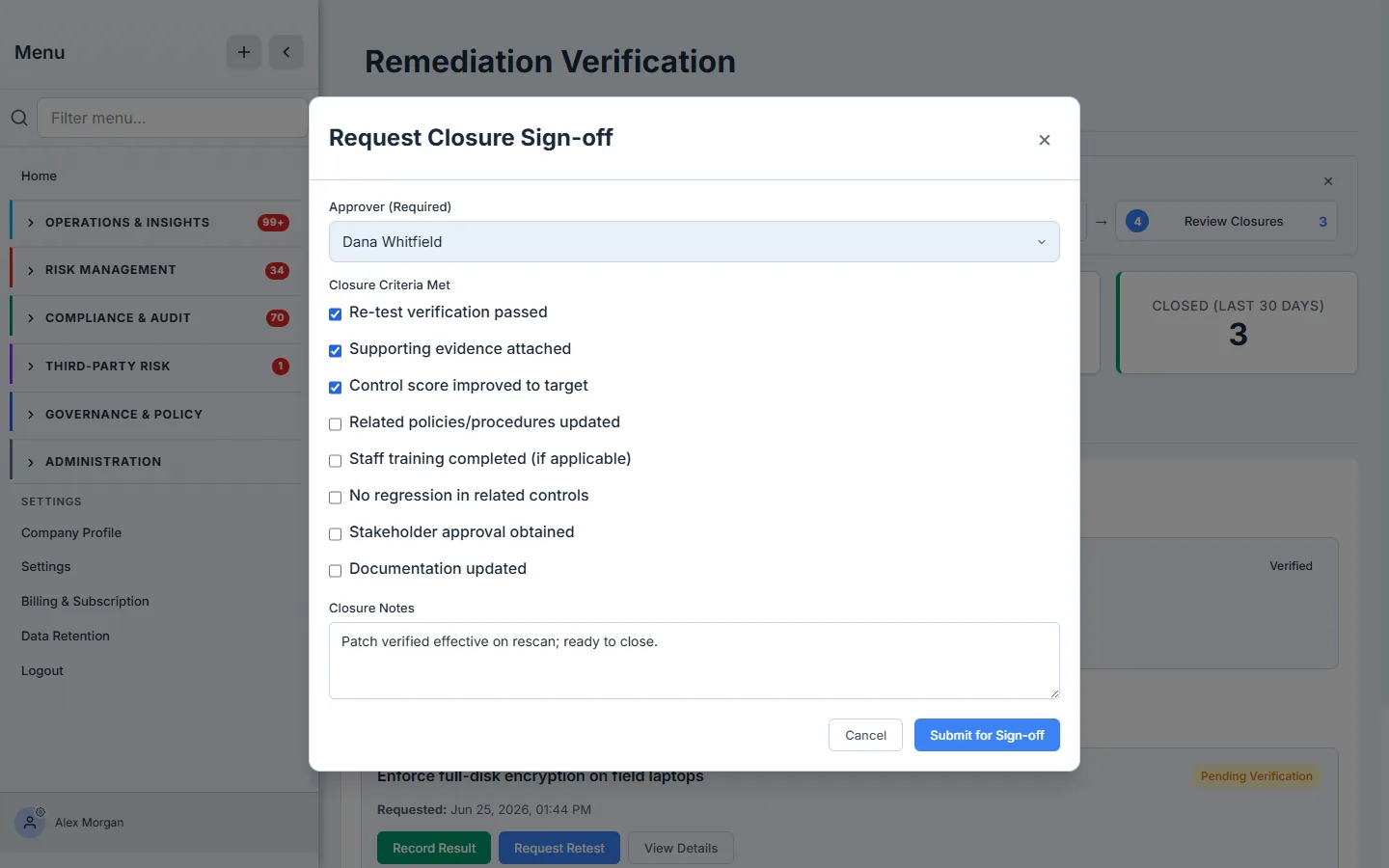 The Request Closure Sign-off modal — an Approver dropdown showing a named colleague, a checklist of closure criteria (re-test passed, evidence attached, score improved, no regression, and more) with several ticked, and a closure-notes field.