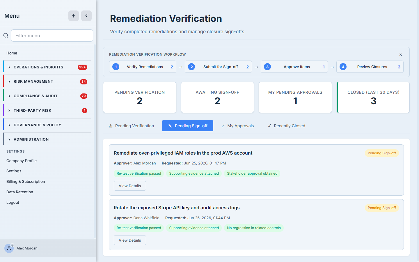 The Pending Sign-off tab — remediation items with their real titles, the assigned approver's name, and the met closure criteria shown as tags.