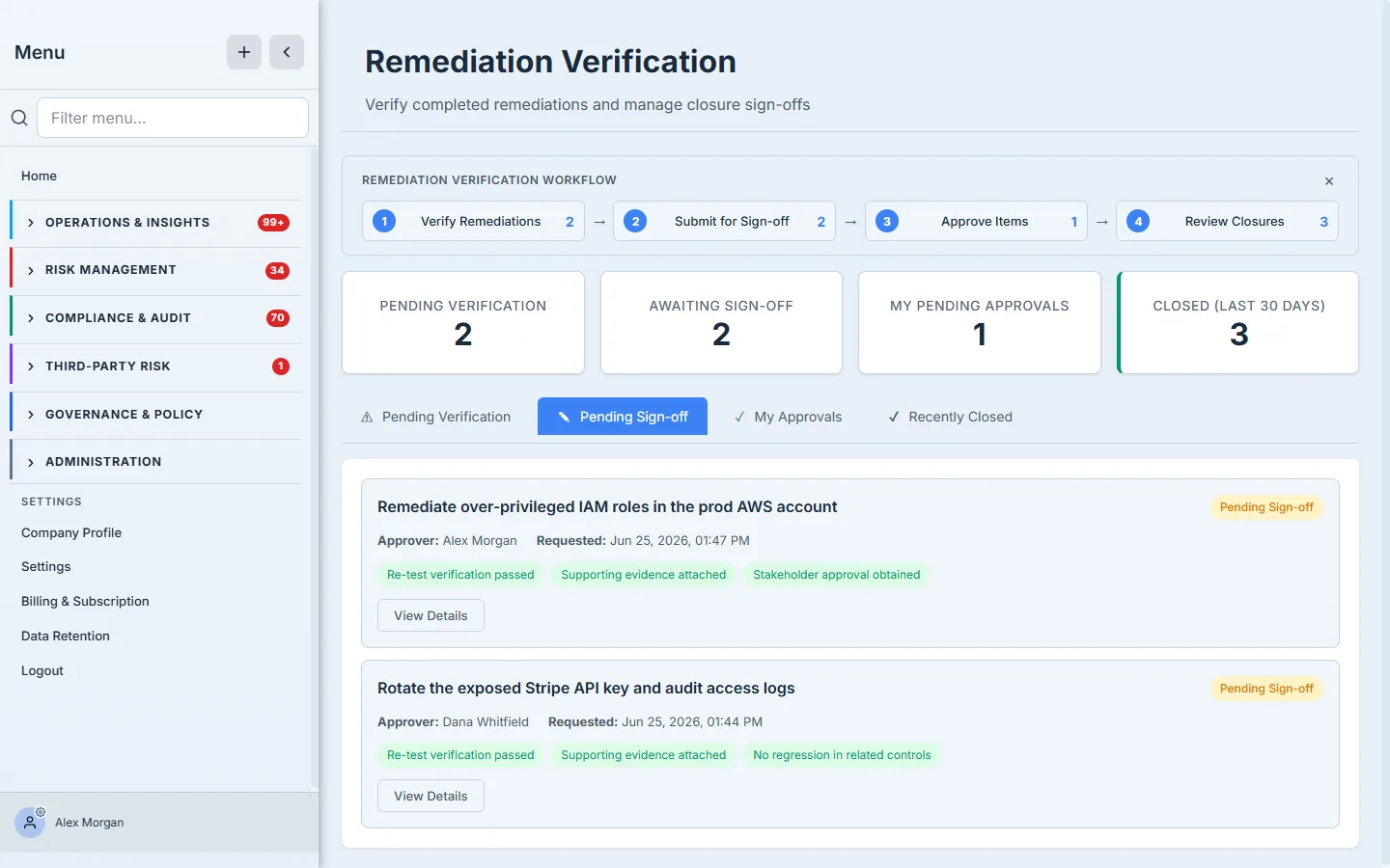 The Pending Sign-off tab — remediation items with their real titles, the assigned approver's name, and the met closure criteria shown as tags.