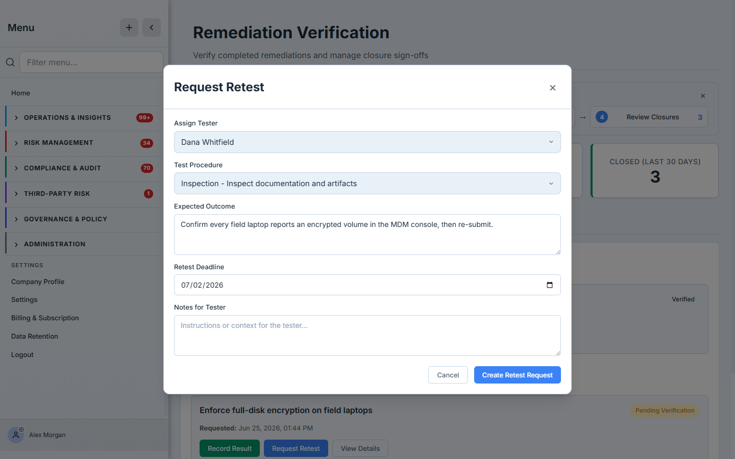 The Request Retest modal — an Assign Tester dropdown, a Test Procedure selector (Inquiry, Observation, Inspection, Reperformance, and more), notes for the tester, and a re-test deadline.