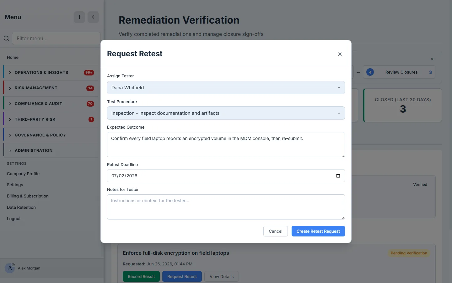 The Request Retest modal — an Assign Tester dropdown, a Test Procedure selector (Inquiry, Observation, Inspection, Reperformance, and more), notes for the tester, and a re-test deadline.