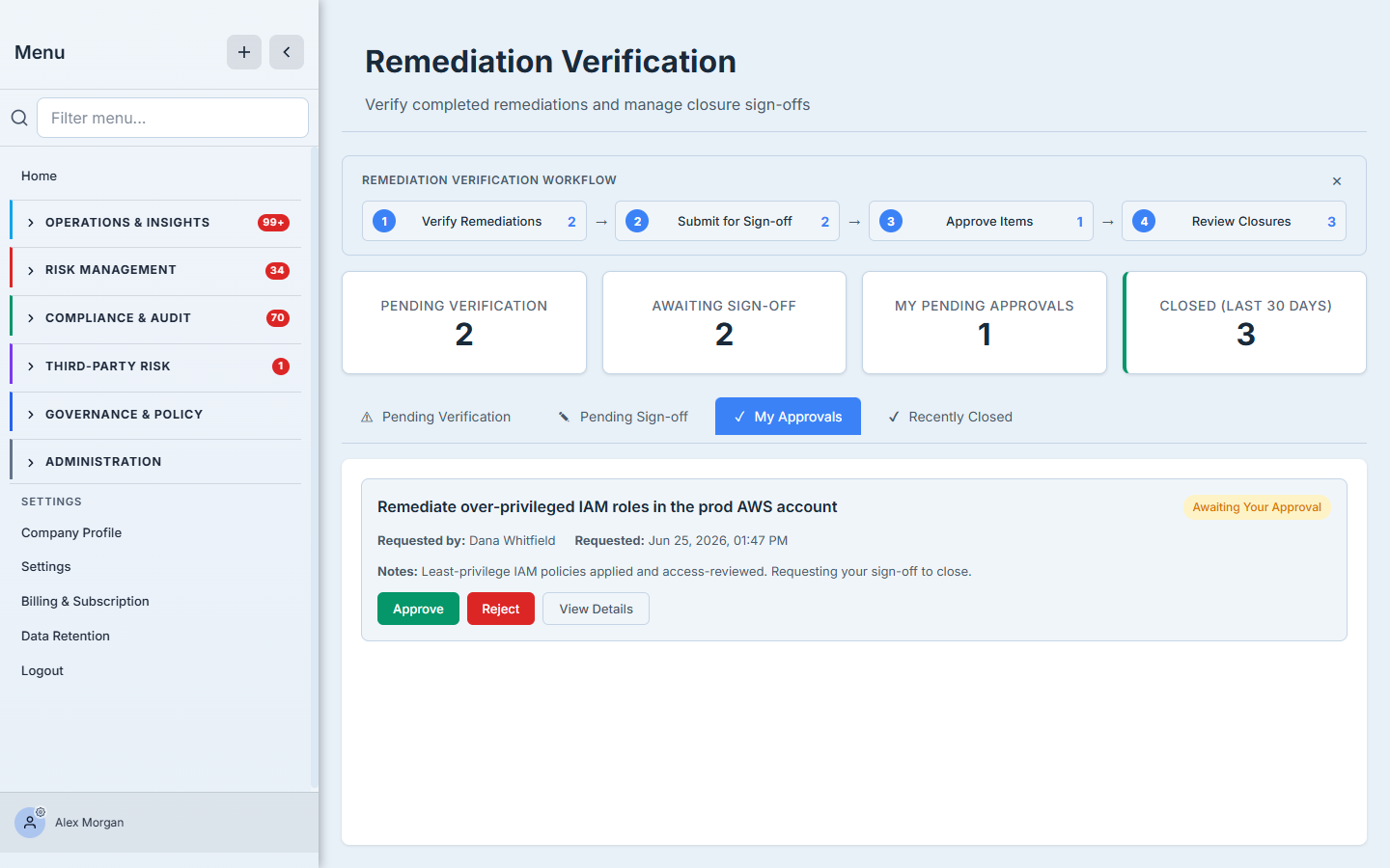 The My Approvals tab — an item "Awaiting Your Approval" showing who requested it and their closure notes, with Approve, Reject, and View Details actions.