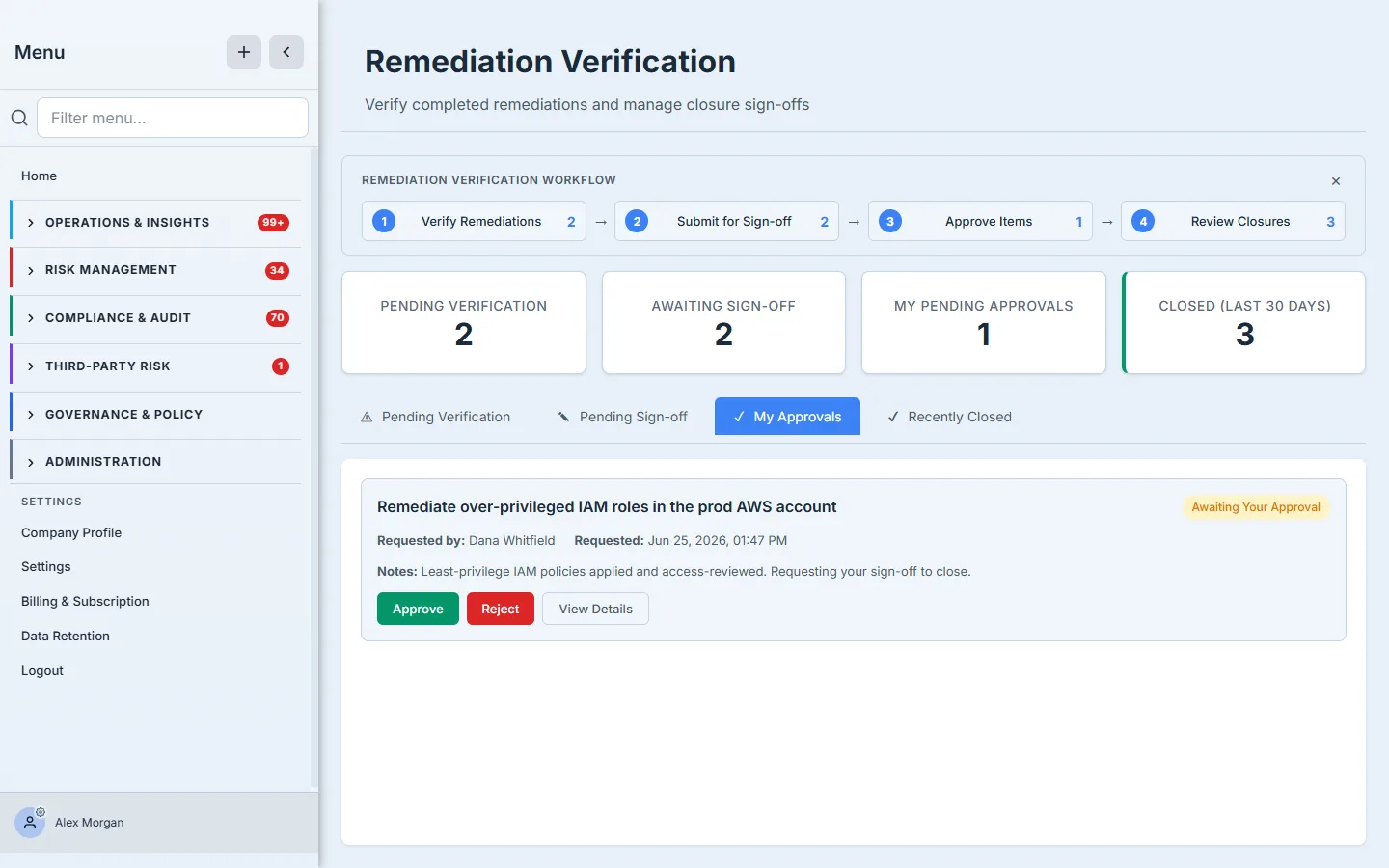 The My Approvals tab — an item "Awaiting Your Approval" showing who requested it and their closure notes, with Approve, Reject, and View Details actions.
