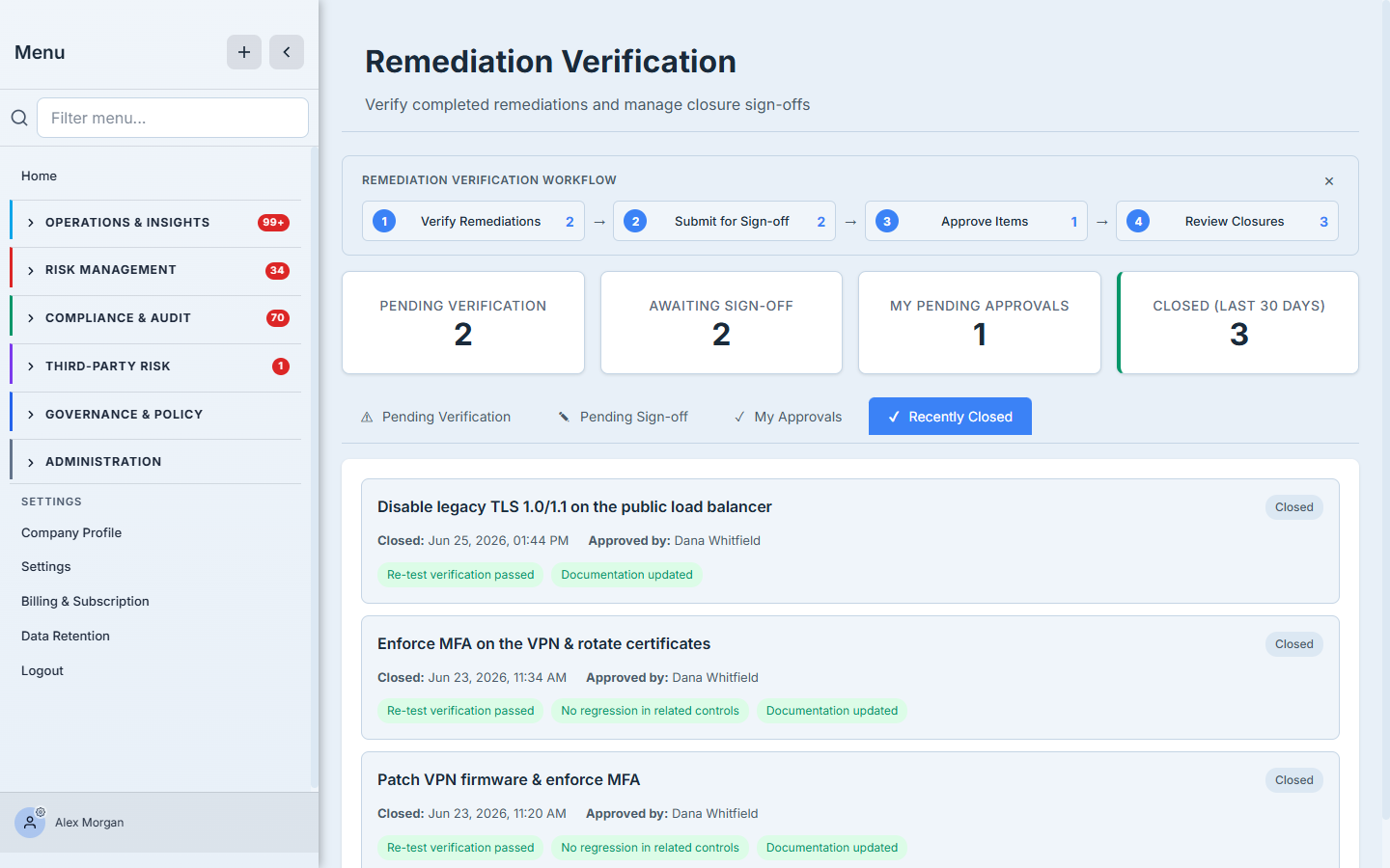 The Recently Closed tab — closed remediations each showing the title, the close date, the approving colleague's name, and the met closure criteria as tags.
