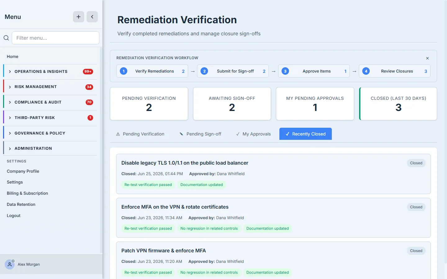 The Recently Closed tab — closed remediations each showing the title, the close date, the approving colleague's name, and the met closure criteria as tags.