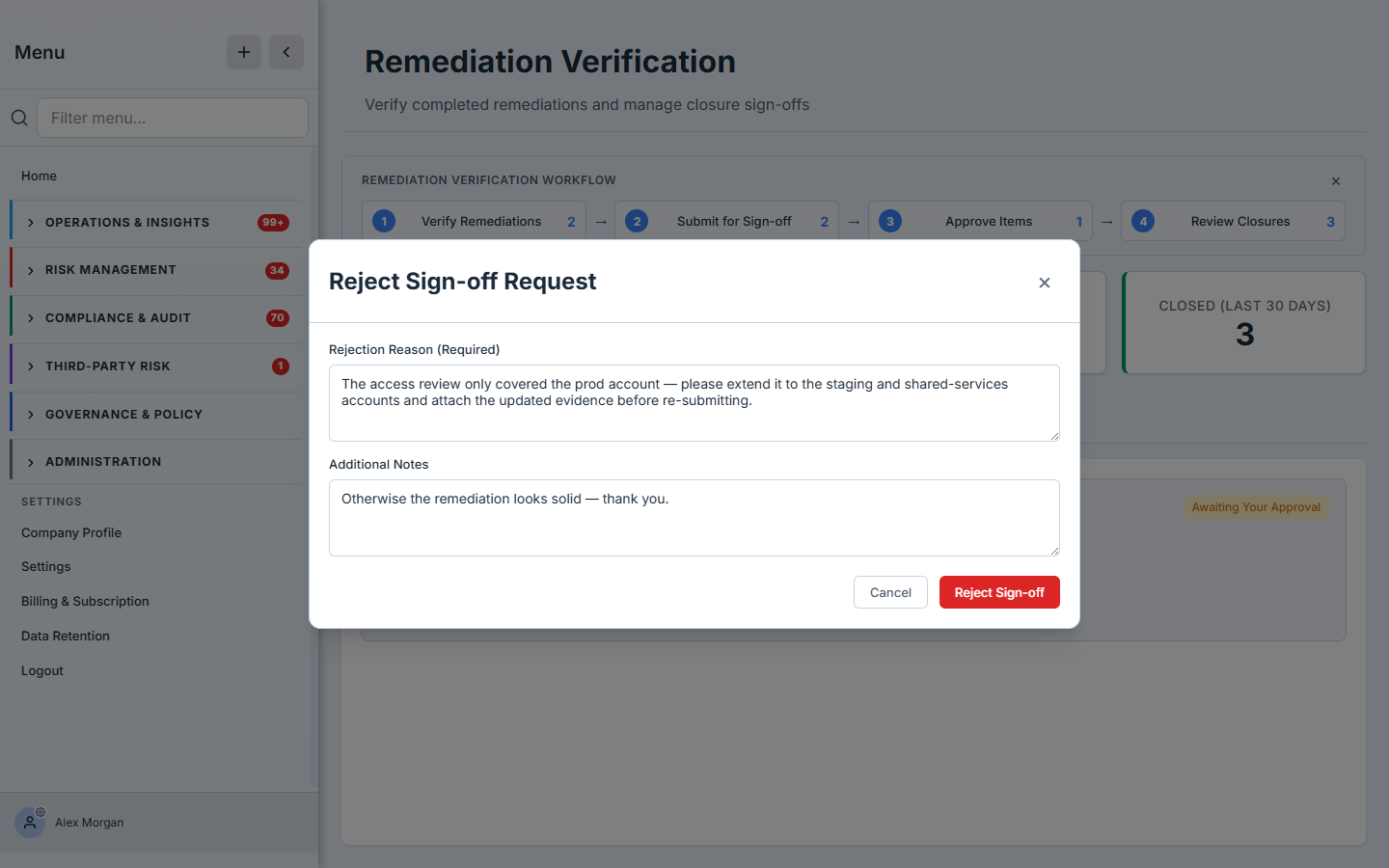 The Reject Sign-off Request dialog — a required Rejection Reason field with specific feedback, an optional Additional Notes field, and a Reject Sign-off button.
