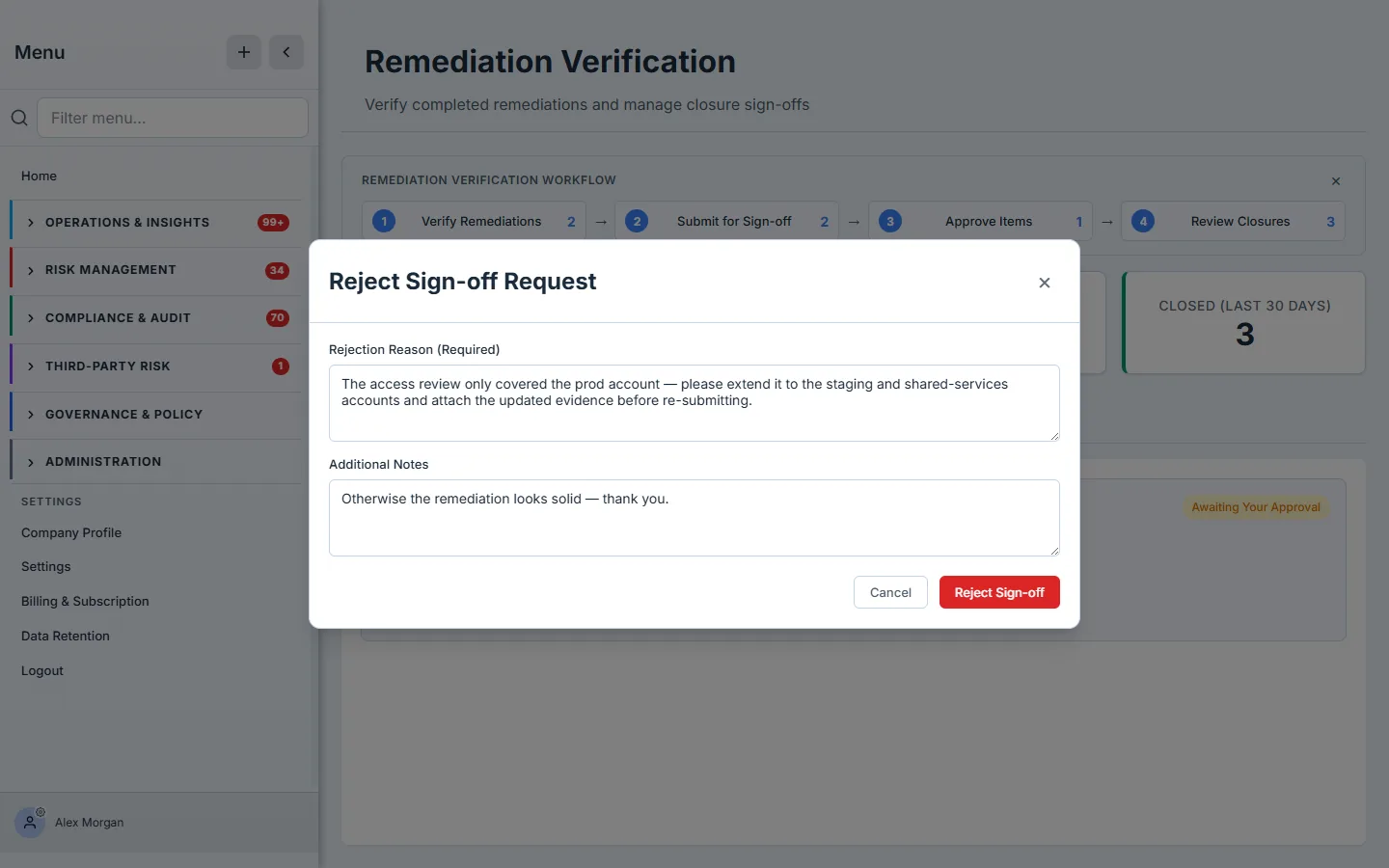 The Reject Sign-off Request dialog — a required Rejection Reason field with specific feedback, an optional Additional Notes field, and a Reject Sign-off button.