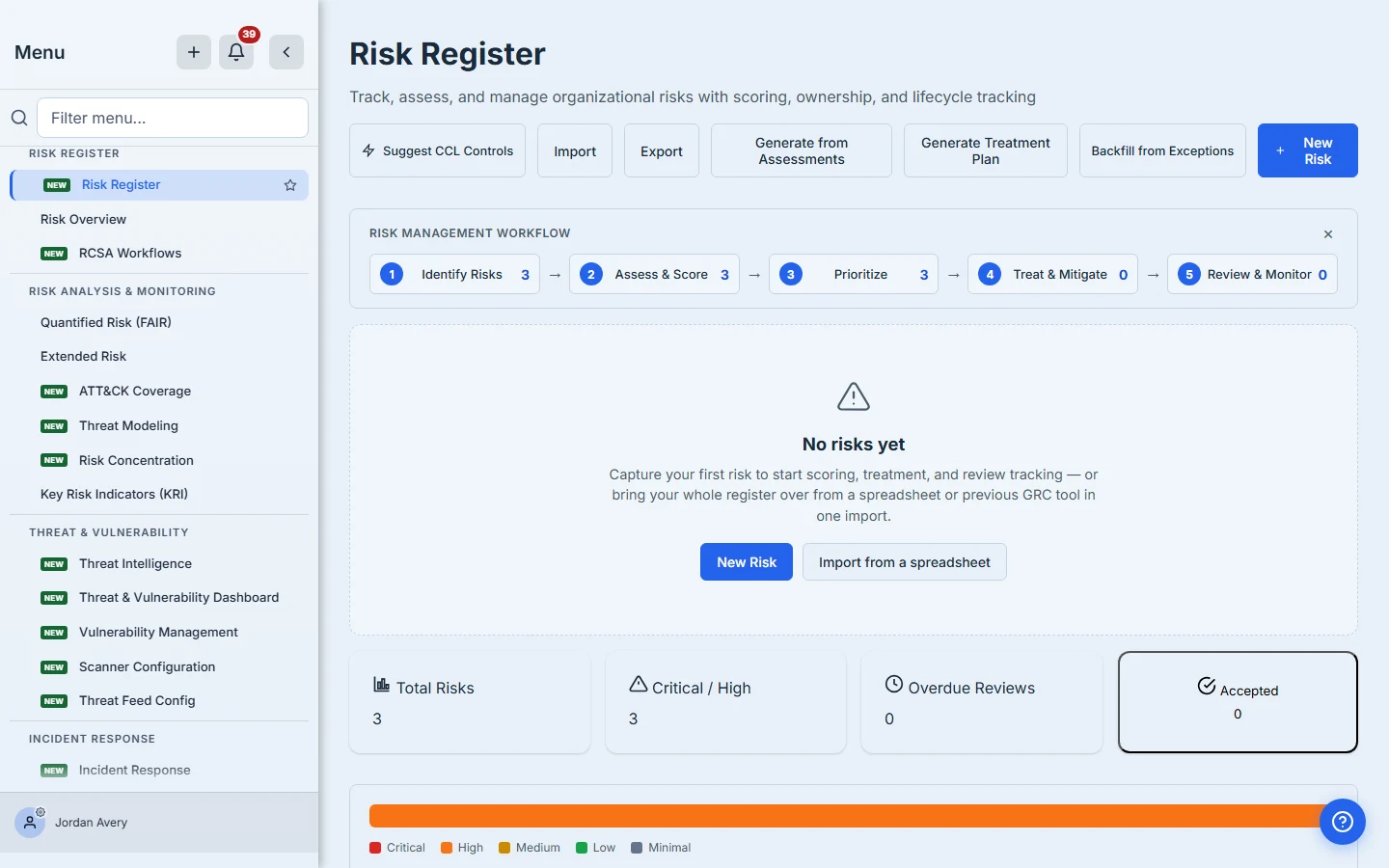 The risk register — the failure is now a scored, managed risk, not a note in a spreadsheet.
