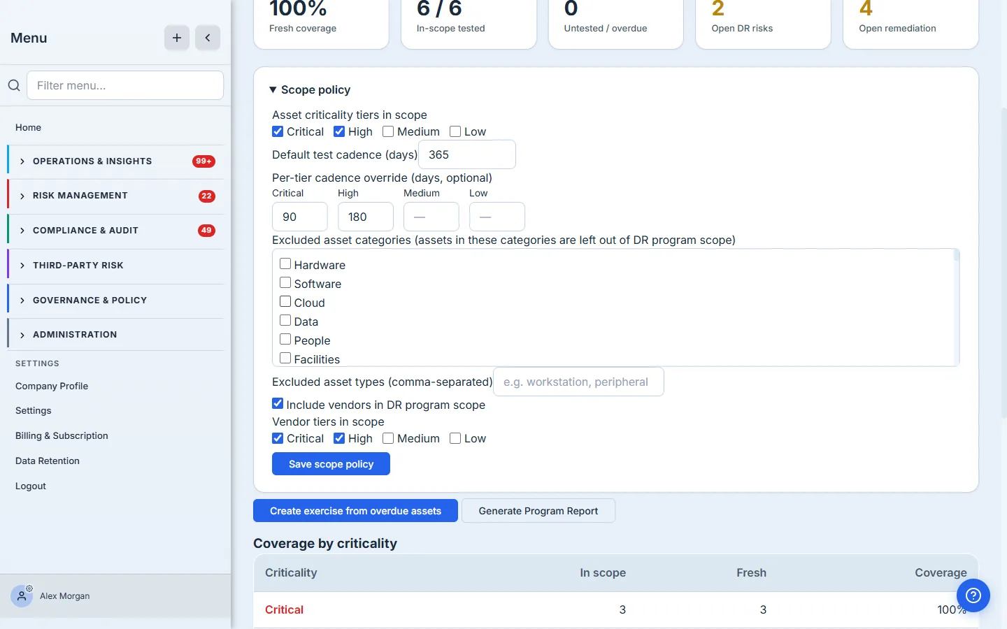 The scope policy editor — which criticality tiers are in scope, the default and per-tier test cadence, category/type exclusions, and whether (and which) vendors count.