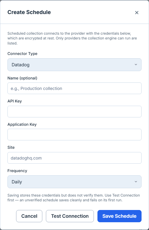 The Create Schedule dialog with Datadog selected, showing the credential fields Datadog itself declares — API Key, Application Key and Site — alongside a frequency selector, a note stating that saving stores the credentials without verifying them, and Cancel, Test Connection and Save Schedule actions.