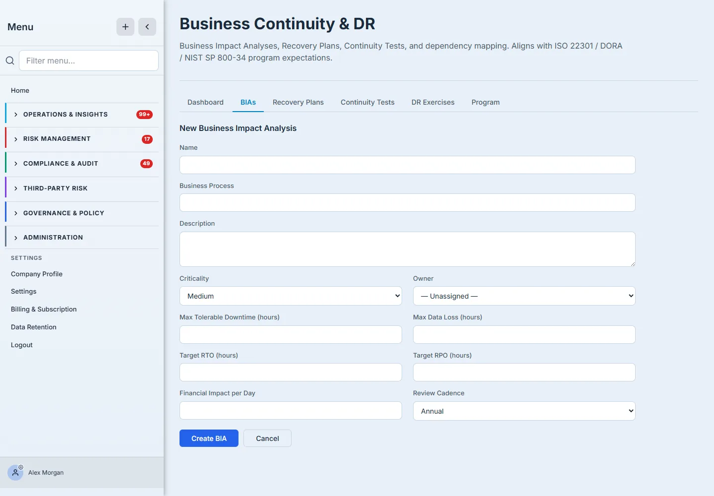 The New BIA form — name, business process, criticality, the recovery-objective fields (MTD, max data loss, RTO, RPO), financial impact per day, owner, and review cadence.