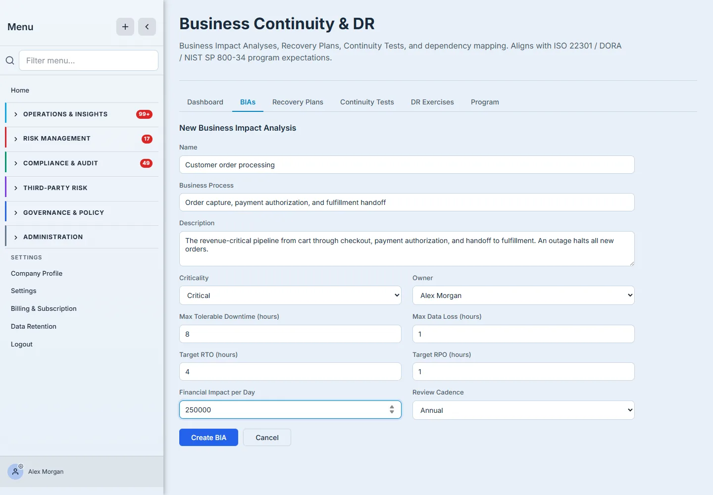 The New BIA form filled in for a critical process — Critical, MTD 8h, RTO 4h, RPO 1h, $250k/day financial impact, owner assigned, annual review cadence.
