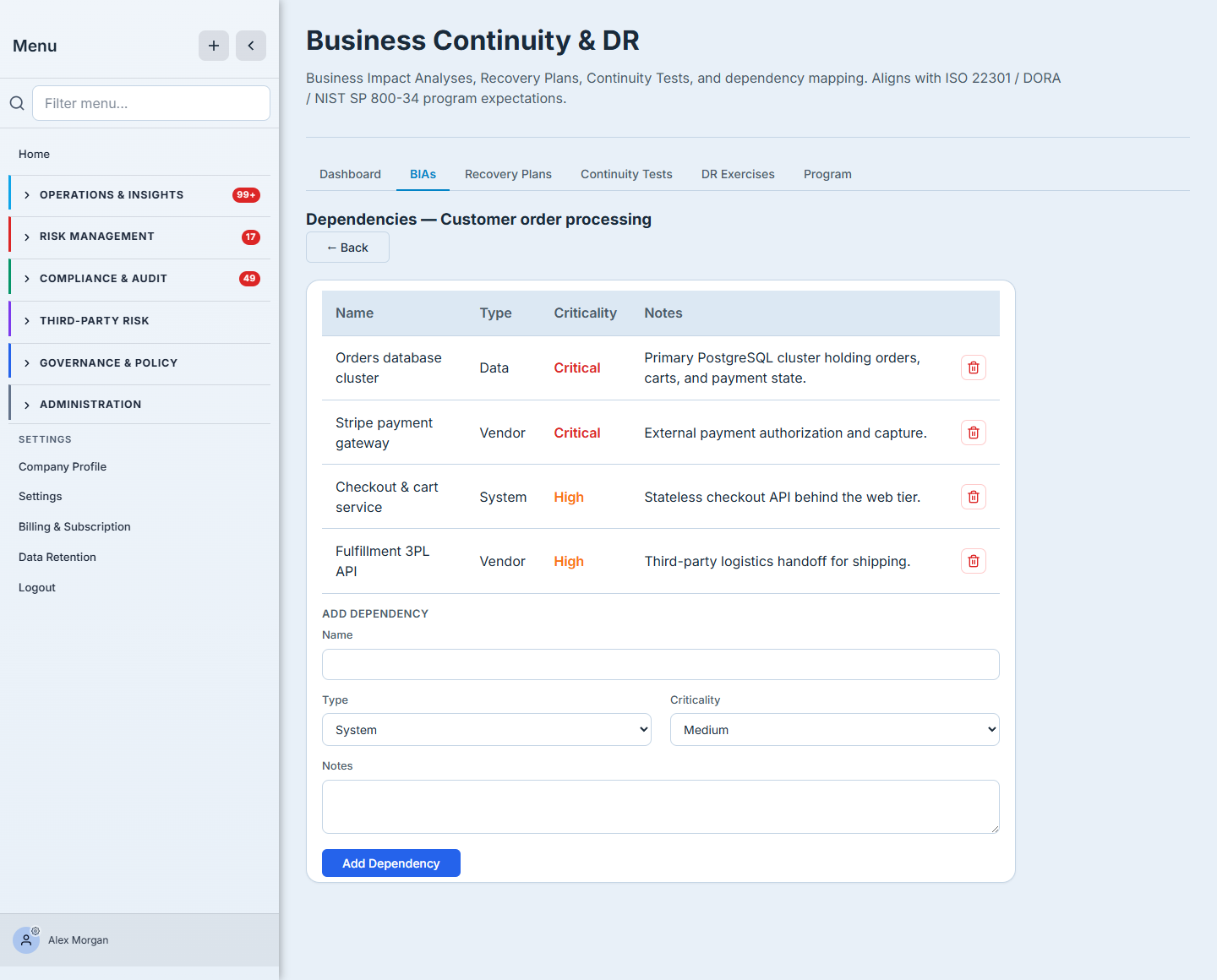 The Dependencies panel for a BIA — typed dependencies (a database, a payment-gateway vendor, a checkout service, a logistics vendor) each carrying its own criticality, listed in a card above the add-dependency form.