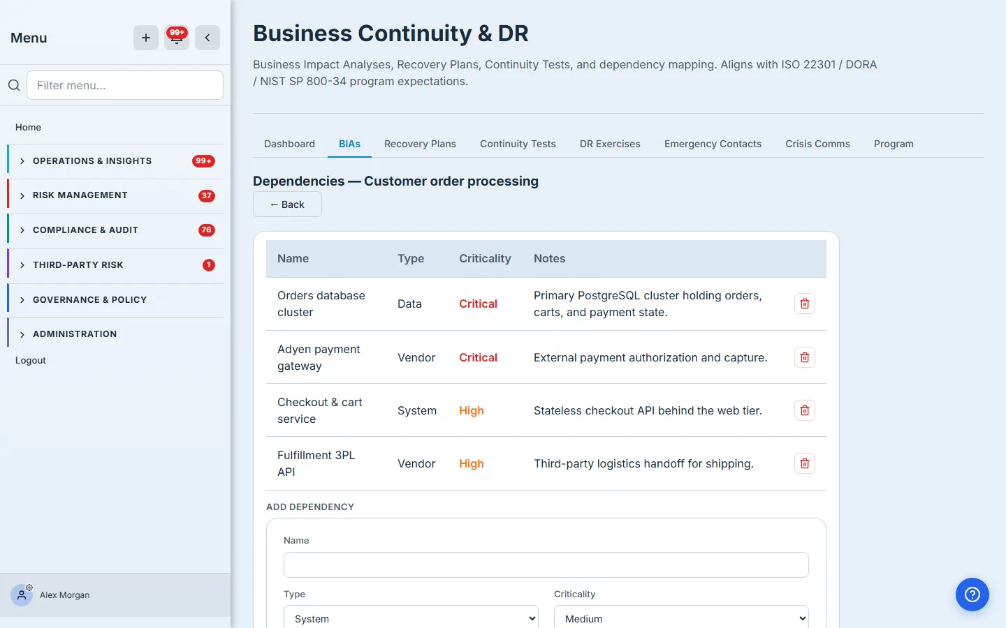 The Dependencies panel for a BIA — typed dependencies (a database, a payment-gateway vendor, a checkout service, a logistics vendor) each carrying its own criticality, listed in a card above the add-dependency form.