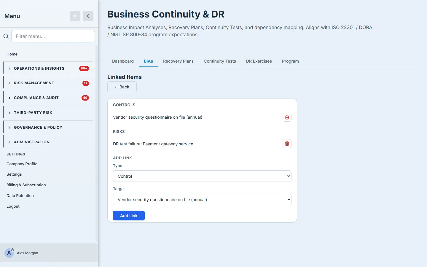 The Links panel — the BIA linked to an existing control and an existing risk from the register.