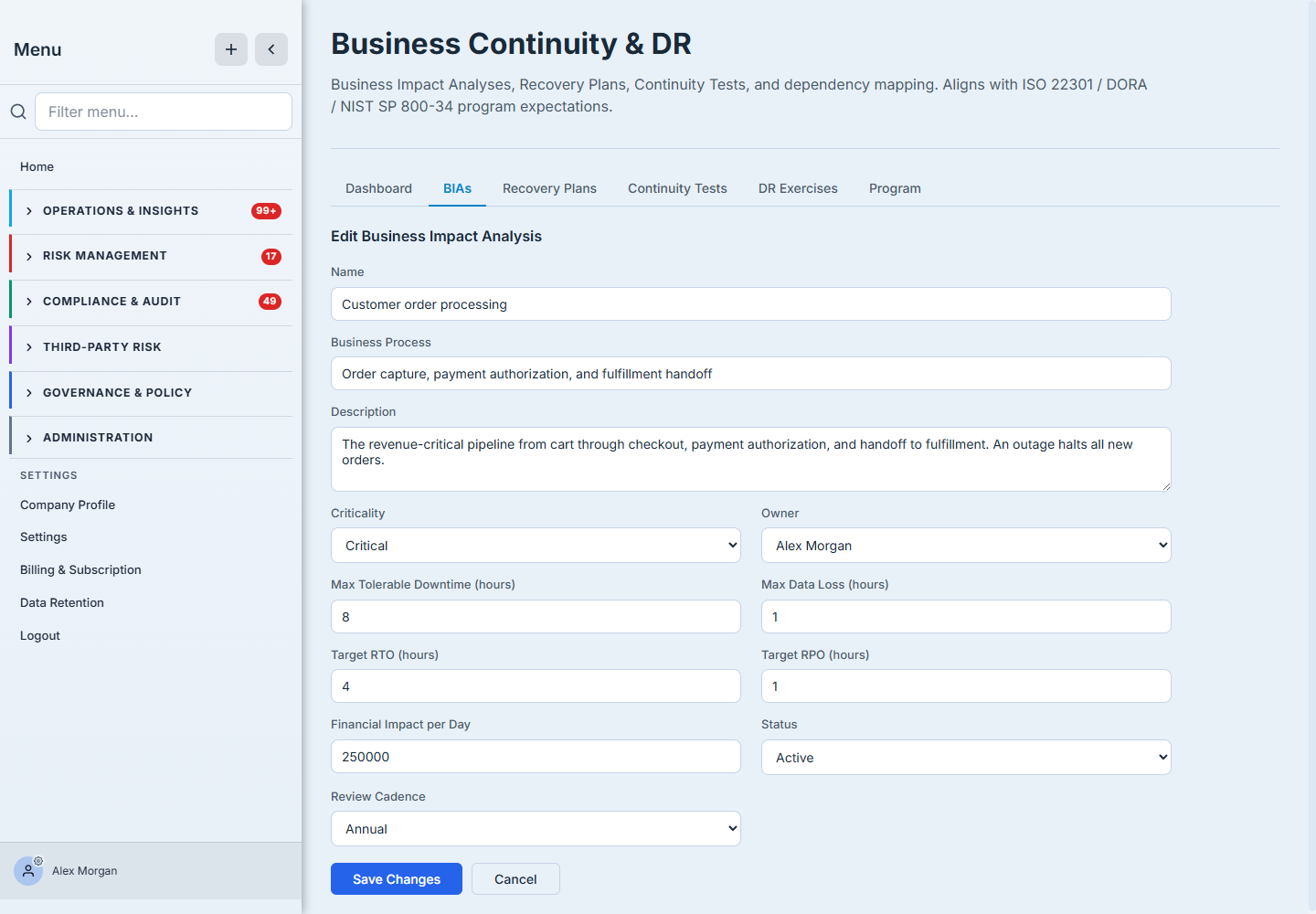 Editing the BIA — status set to Active, review cadence confirmed, ready to anchor recovery plans.