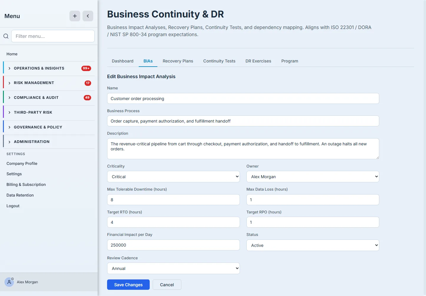 Editing the BIA — status set to Active, review cadence confirmed, ready to anchor recovery plans.