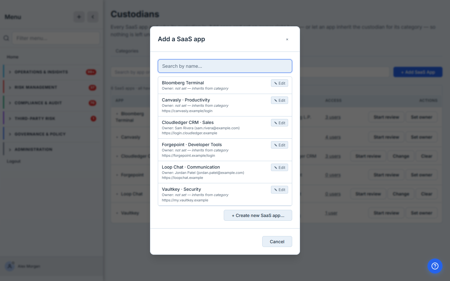 The Add a SaaS app picker — search the org catalog (each row shows its business category and current owner) or "+ Create new SaaS app". Apps that inherit show "Owner: not set — inherits from category".