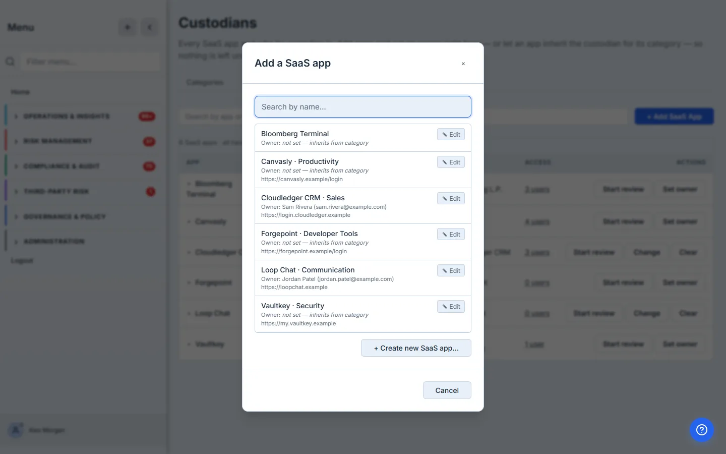 The Add a SaaS app picker — search the org catalog (each row shows its business category and current owner) or "+ Create new SaaS app". Apps that inherit show "Owner: not set — inherits from category".