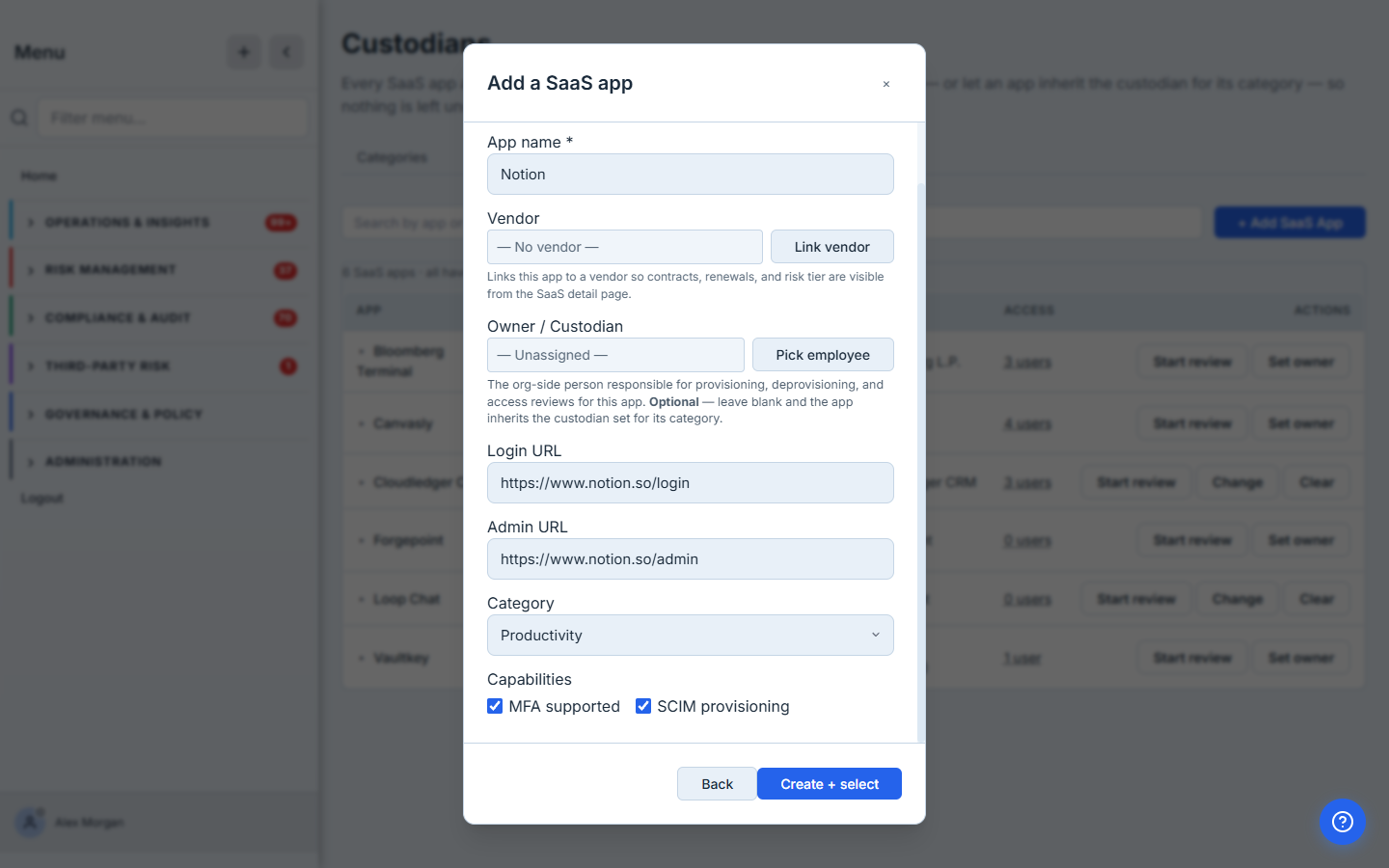 The create form — name, vendor, an Owner/Custodian picker, login/admin URLs, category, and MFA / SCIM capability flags. The Owner/Custodian field is optional; the helper text says it inherits from the category if left blank.
